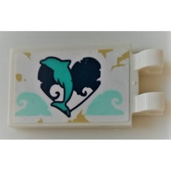 Tile, Modified 2 x 3 with 2 Clips with Dark Turquoise Dolphin on Heart Pattern (Sticker) - Set 41378