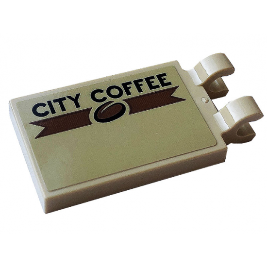 Tile, Modified 2 x 3 with 2 Open O Clips with Black 'CITY COFFEE' and Bean Pattern Model Right Side (Sticker) - Set 60233