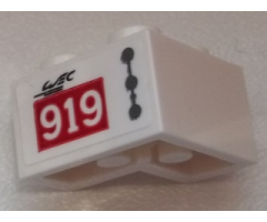 Brick 2 x 2 Corner with Dark Bluish Gray Line and Dots, Black 'WEC', '919' on Red Rectangle Pattern Model Right Side (Sticker) - Set 75876