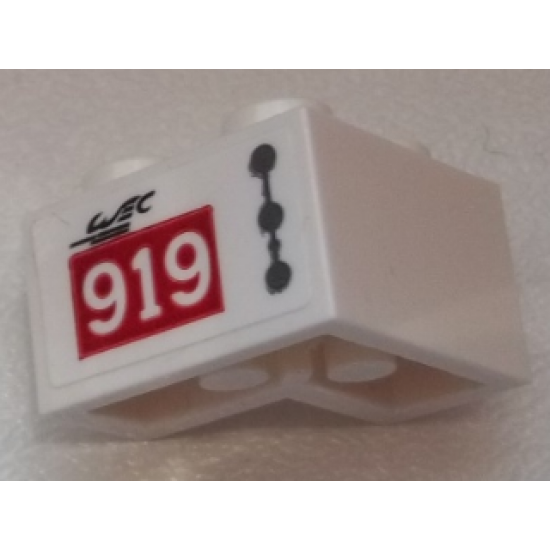 Brick 2 x 2 Corner with Dark Bluish Gray Line and Dots, Black 'WEC', '919' on Red Rectangle Pattern Model Right Side (Sticker) - Set 75876