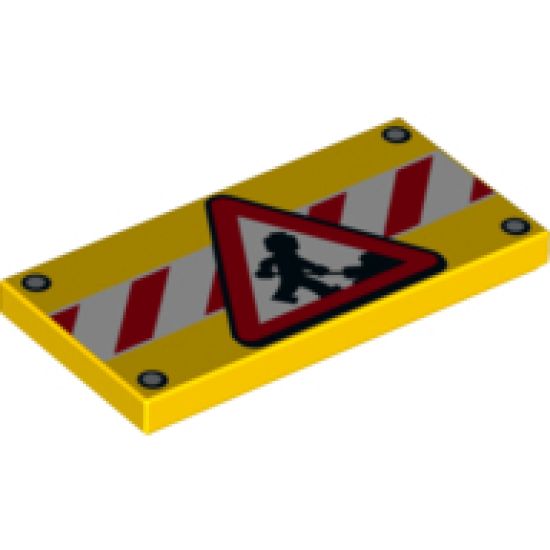 Tile 2 x 4 with Road Sign Construction Worker on Red and White Danger Stripes Pattern