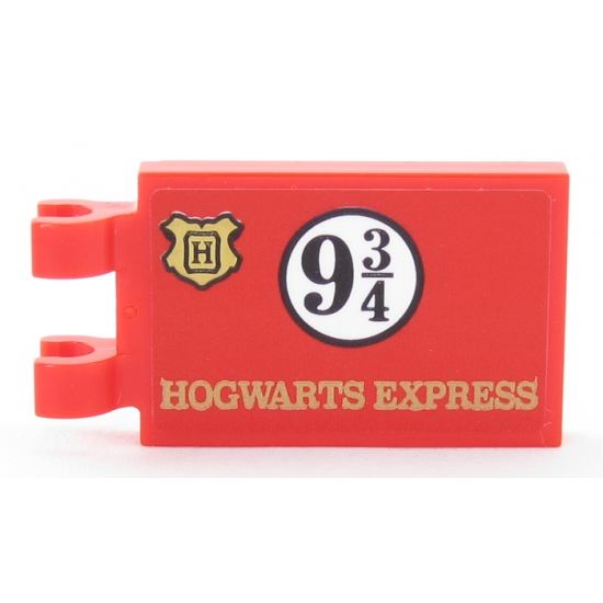 Tile, Modified 2 x 3 with 2 Clips with Gold Hogwarts Logo, Black '9 3/4' and Gold 'HOGWARTS EXPRESS' on Red Background Pattern (Sticker) - Set 75955