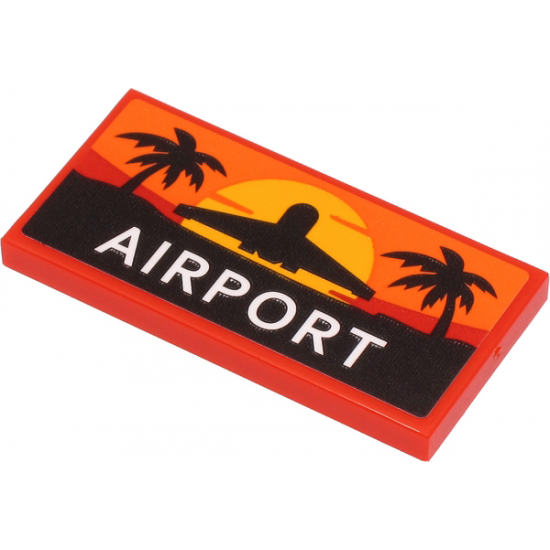 Tile 2 x 4 with White 'AIRPORT', Sunset and Black Airplane and Palm Trees Pattern (Sticker) - Set 60262