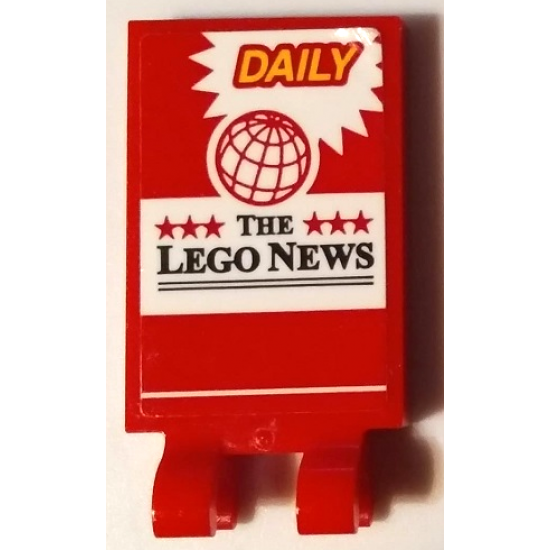 Tile, Modified 2 x 3 with 2 Open O Clips with 'DAILY', Globe, Stars and 'THE LEGO NEWS' Pattern (Sticker) - Set 60132