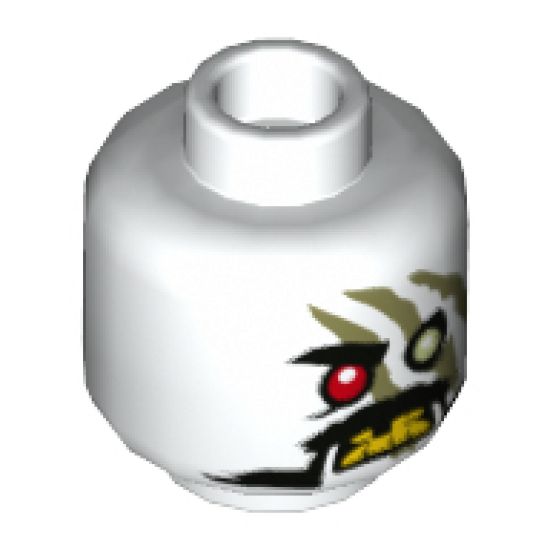 Minifigure, Head Alien Ninjago Red Eye Right, Olive Green Stripes, Moustache, Yellow Teeth Pattern - Hollow Stud