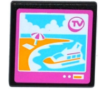 Road Sign 2 x 2 Square with Open O Clip with 'TV', Cruise Ship and Beach on Screen Pattern (Sticker) - Set 41100