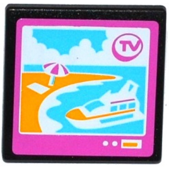 Road Sign 2 x 2 Square with Open O Clip with 'TV', Cruise Ship and Beach on Screen Pattern (Sticker) - Set 41100