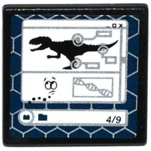 Road Sign 2 x 2 Square with Open O Clip with Indominus rex Silhouette, DNA Double Helix and '4/9' on Computer Screen Pattern (Sticker) - Set 75919