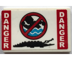 Tile 2 x 3 with Red and White 'DANGER', Black Crocodile and No Swimming Sign Pattern (Sticker) - Set 70907