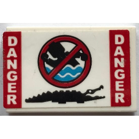 Tile 2 x 3 with Red and White 'DANGER', Black Crocodile and No Swimming Sign Pattern (Sticker) - Set 70907