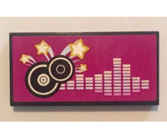 Tile 2 x 4 with Black and Silver Record Disks and Silver Frequency Bars on Magenta Background Pattern (Sticker) - Set 41058