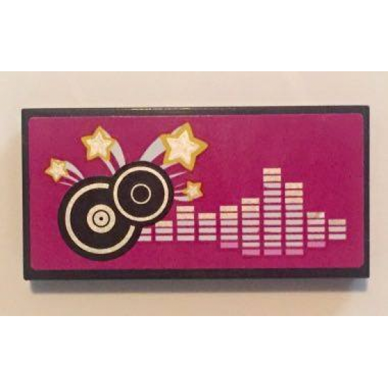 Tile 2 x 4 with Black and Silver Record Disks and Silver Frequency Bars on Magenta Background Pattern (Sticker) - Set 41058