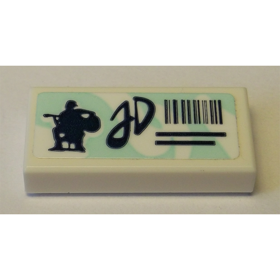 Tile 1 x 2 with Light Aqua Swirl Background and Black Guitar Player Silhouette, 'JD' and Barcode Pattern (Sticker) - Set 41342