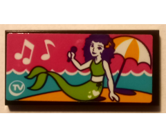 Tile 2 x 4 with Mermaid on Beach, Music Notes, Umbrella and 'TV' Pattern (Sticker) - Set 41313