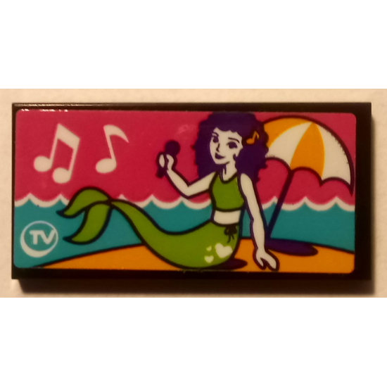 Tile 2 x 4 with Mermaid on Beach, Music Notes, Umbrella and 'TV' Pattern (Sticker) - Set 41313