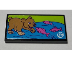 Tile 2 x 4 with Bear Cub and Dark Pink Fish on TV Pattern (Sticker) - Set 41339