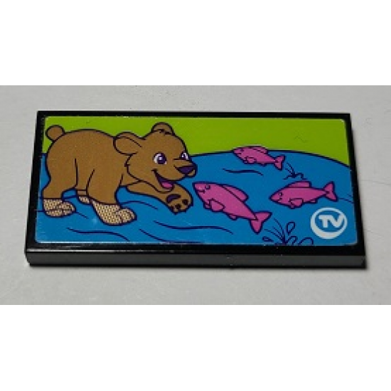 Tile 2 x 4 with Bear Cub and Dark Pink Fish on TV Pattern (Sticker) - Set 41339