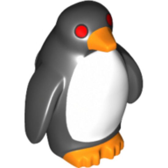 Penguin with Flippers and Stud on Back with Orange Beak and Feet, White Stomach and Red Eyes Pattern