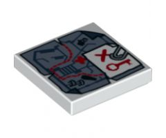 Tile 2 x 2 with Map Tattered with Paper Clip and Red Key and 'X' Pattern
