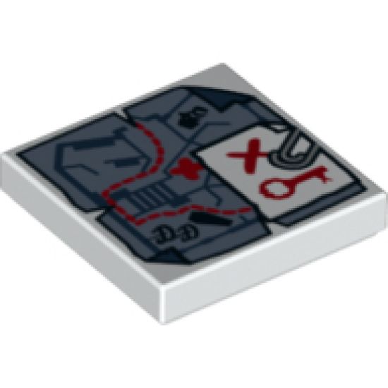 Tile 2 x 2 with Map Tattered with Paper Clip and Red Key and 'X' Pattern
