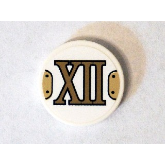 Tile, Round 2 x 2 with Bottom Stud Holder with Gold Roman Numeral 12 'XII' Pattern (Sticker) - Set 75904