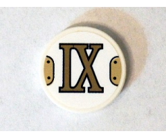 Tile, Round 2 x 2 with Bottom Stud Holder with Gold Roman Numeral 9 'IX' Pattern (Sticker) - Set 75904