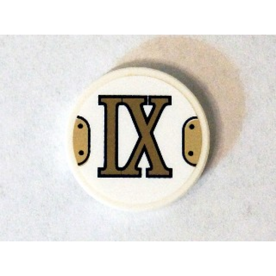 Tile, Round 2 x 2 with Bottom Stud Holder with Gold Roman Numeral 9 'IX' Pattern (Sticker) - Set 75904