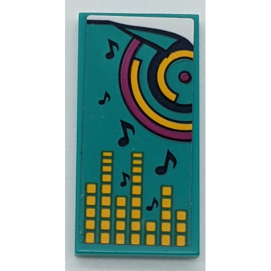 Tile 2 x 4 with Dark Turquoise Blanket with Dark Blue Musical Notes, Circles, Magenta Dot and Yellow Equalizer Bars Pattern (Sticker) - Set 41341