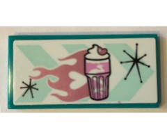 Tile 2 x 4 with Bright Pink Milkshake and Heart Pattern (Sticker) - Set 41349