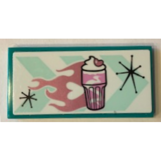 Tile 2 x 4 with Bright Pink Milkshake and Heart Pattern (Sticker) - Set 41349