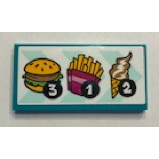 Tile 2 x 4 with Menu with Number 3, 1 and 2 and Hamburger, French Fries and Ice Cream Pattern (Sticker) - Set 41349