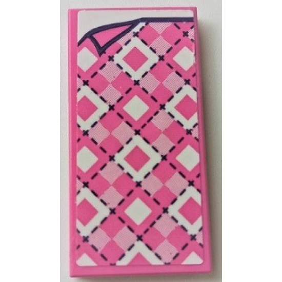 Tile 2 x 4 with Blanket with Bright Pink, Dark Pink, and White Diamonds, Black Stitching, and Folded Left Corner Pattern (Sticker) - Set 41339