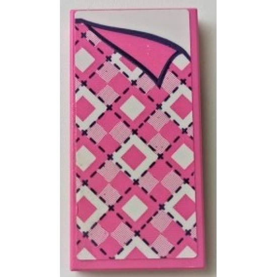 Tile 2 x 4 with Blanket with Bright Pink, Dark Pink, and White Diamonds, Black Stitching, and Folded Right Corner Pattern (Sticker) - Set 41339