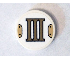 Tile, Round 2 x 2 with Bottom Stud Holder with Gold Roman Numeral 3 'III' Pattern, (Sticker) - Set 75904