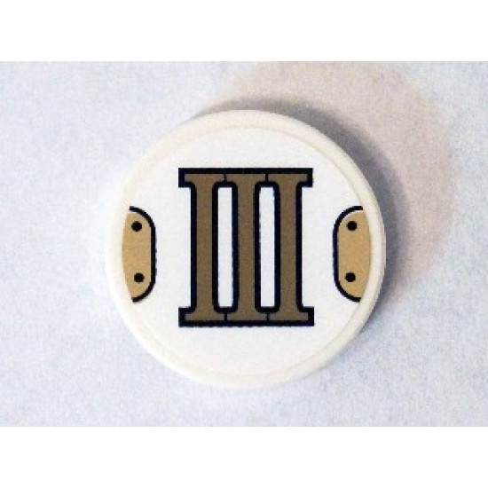 Tile, Round 2 x 2 with Bottom Stud Holder with Gold Roman Numeral 3 'III' Pattern, (Sticker) - Set 75904