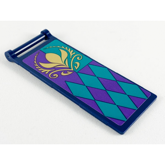 Flag 7 x 3 with Rod with Dark Purple and Dark Turquoise Panels and Gold Arendelle Flower Crest Pattern (Sticker) - Set 41164