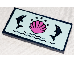 Tile 2 x 4 with Dark Pink Shell and Dark Blue Dolphins, Stars and Waves Pattern (Sticker) - Set 41347