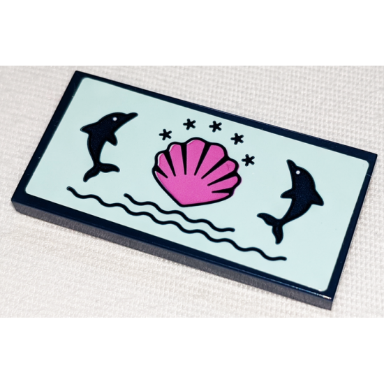 Tile 2 x 4 with Dark Pink Shell and Dark Blue Dolphins, Stars and Waves Pattern (Sticker) - Set 41347