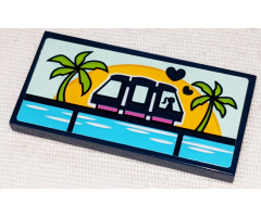 Tile 2 x 4 with Monorail, Hearts, Sunset over Sea and Palm Trees Pattern (Sticker) - Set 41347