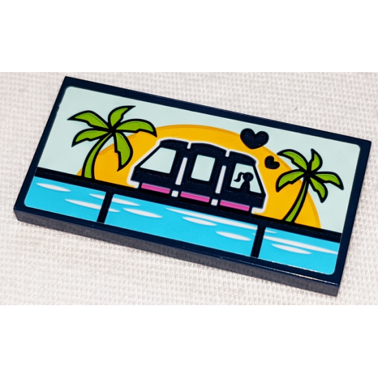 Tile 2 x 4 with Monorail, Hearts, Sunset over Sea and Palm Trees Pattern (Sticker) - Set 41347