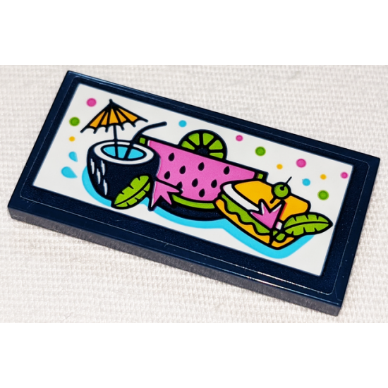 Tile 2 x 4 with Cocktail, Watermelon and Sandwich Pattern (Sticker) - Set 41347