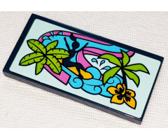 Tile 2 x 4 with Girl on Dark Pink Water Slide, Palm Trees and Bright Light Orange Flower Pattern (Sticker) - Set 41347