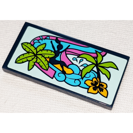 Tile 2 x 4 with Girl on Dark Pink Water Slide, Palm Trees and Bright Light Orange Flower Pattern (Sticker) - Set 41347