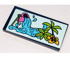 Tile 2 x 4 with Dark Pink Bucket, Medium Azure Water, Palm Trees and Bright Light Orange Flower Pattern (Sticker) - Set 41347