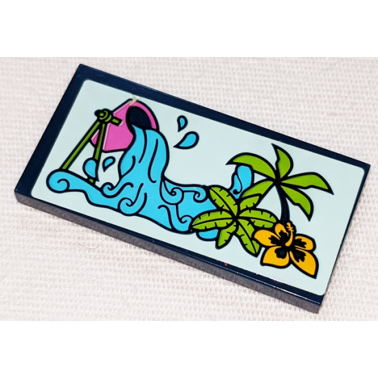 Tile 2 x 4 with Dark Pink Bucket, Medium Azure Water, Palm Trees and Bright Light Orange Flower Pattern (Sticker) - Set 41347