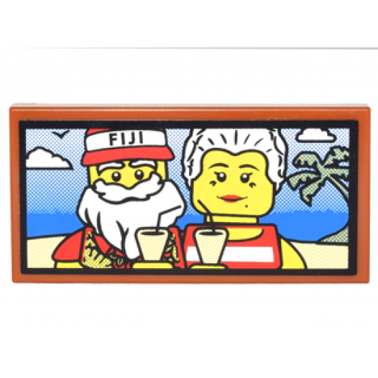 Tile 2 x 4 with Santa with 'FIJI' Hat and Mrs. Claus on Beach with Drinks and Palm Tree Photo Pattern (Sticker) - Set 10245