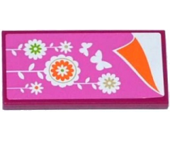 Tile 2 x 4 with Pink Blanket with Flowers and Butterflies and Orange Sheet Pattern (Sticker) - Set 41108