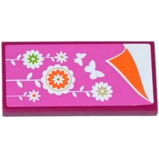 Tile 2 x 4 with Pink Blanket with Flowers and Butterflies and Orange Sheet Pattern (Sticker) - Set 41108