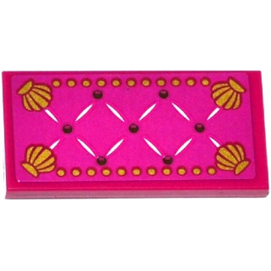 Tile 2 x 4 with Magenta Mattress with Buttons and Gold Shells Pattern (Sticker) - Set 41063