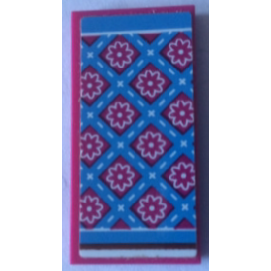 Tile 2 x 4 with Bedspread with Magenta Flowers and Medium Blue Stripes Pattern (Sticker) - Set 41126